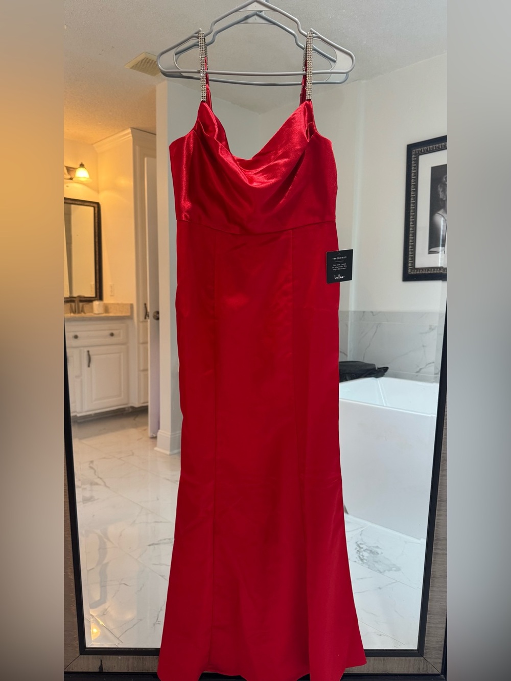 Lulu's Red Satin Cowl-Neck Prom Gown with Rhinestone Straps